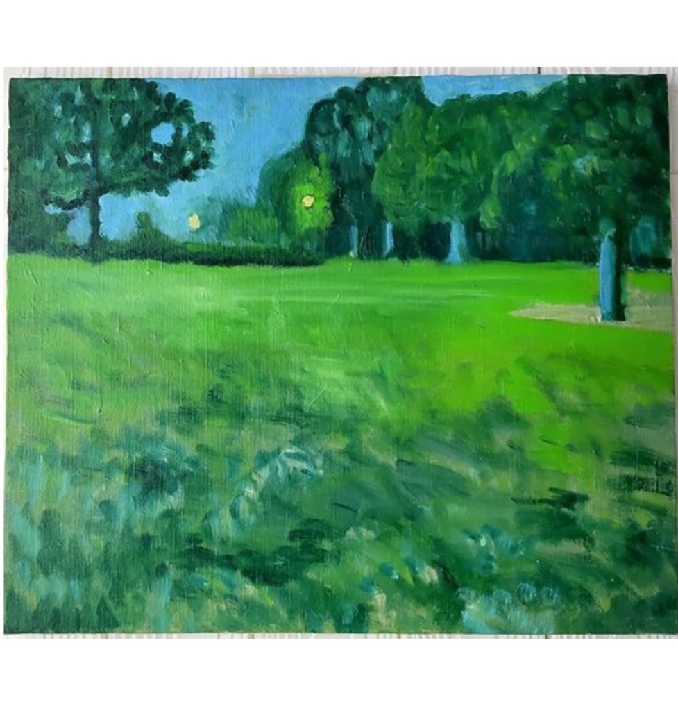 かいがのみせあかちゃんの絵画原画「夏の夕方の曇り空の下の公園」F8・油彩画
