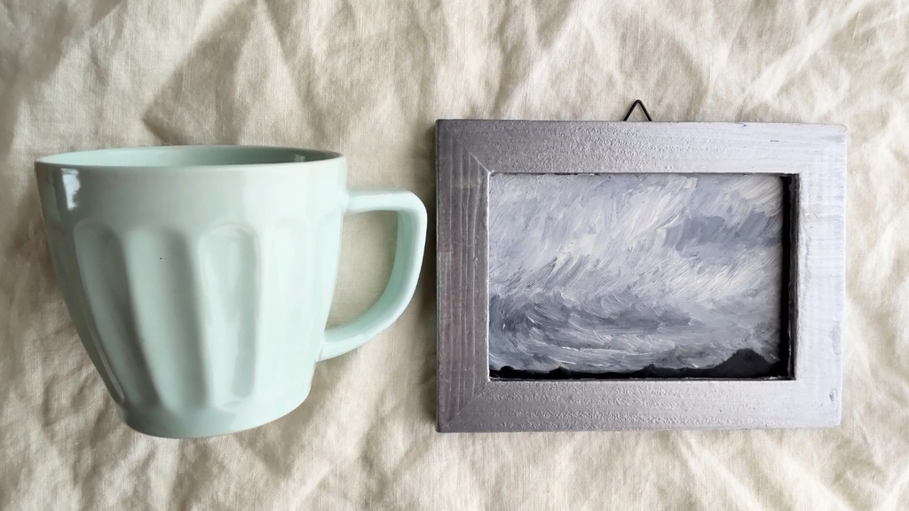 約12×16㎝「見知らぬ風景」油彩画・原画・額装・壁掛け・独立スタンド付き