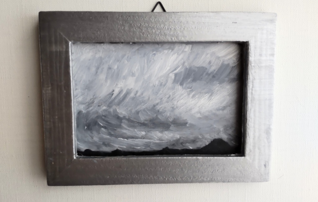 約12×16㎝「見知らぬ風景」油彩画・原画・額装・壁掛け・独立スタンド付き