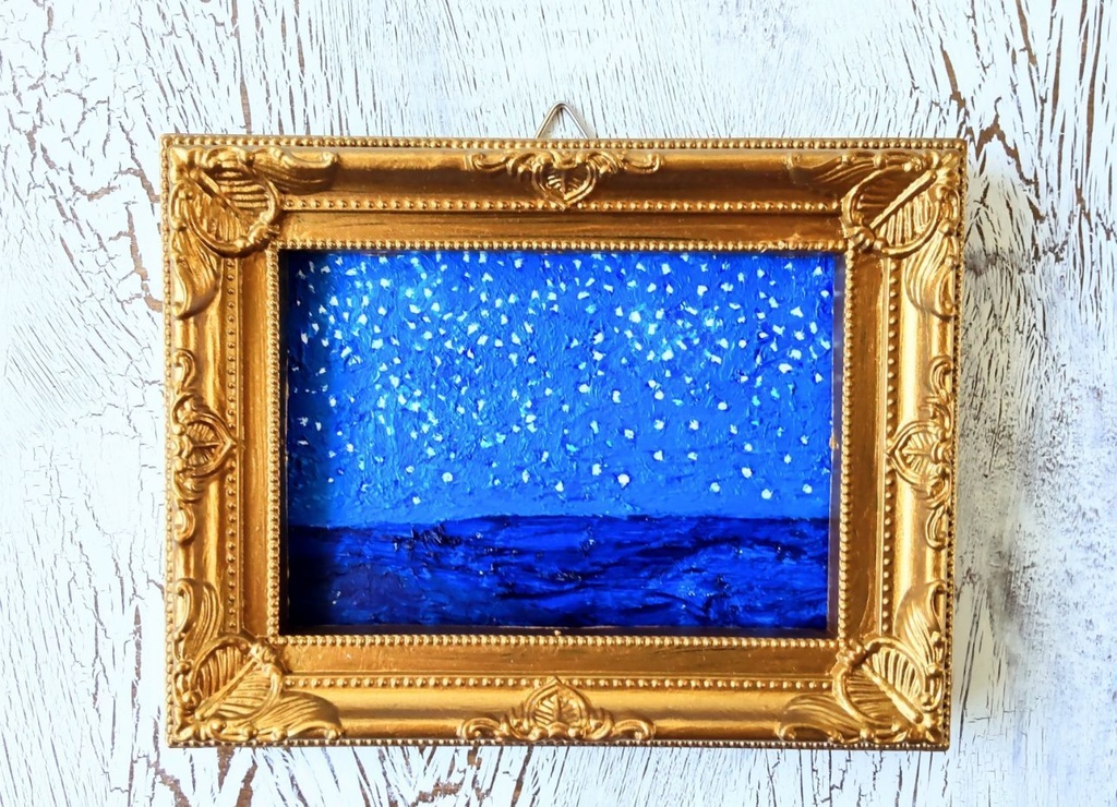 「海と星空」絵画・原画・油彩画・壁掛け・独立スタンド付き