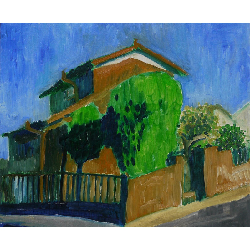 原画・油彩「昼下がりの民家」絵画・F8（38×46㎝）アート・キャンバス