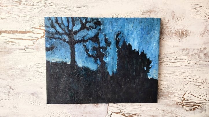 原画・油彩「朝の堤防2」絵画・F5(27×34㎝)アート・キャンバス