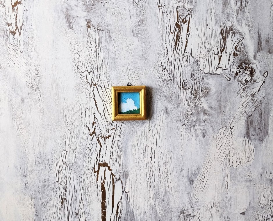 8㎝角「山と入道雲」小さな絵画・油彩・原画・壁掛け