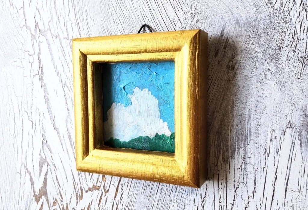 8㎝角「山と入道雲」小さな絵画・油彩・原画・壁掛け