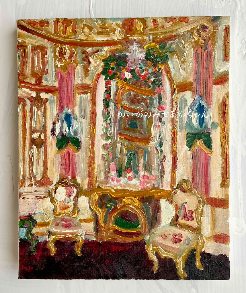 原画「陶器の装飾が施された鏡台のある部屋」F3・油彩画