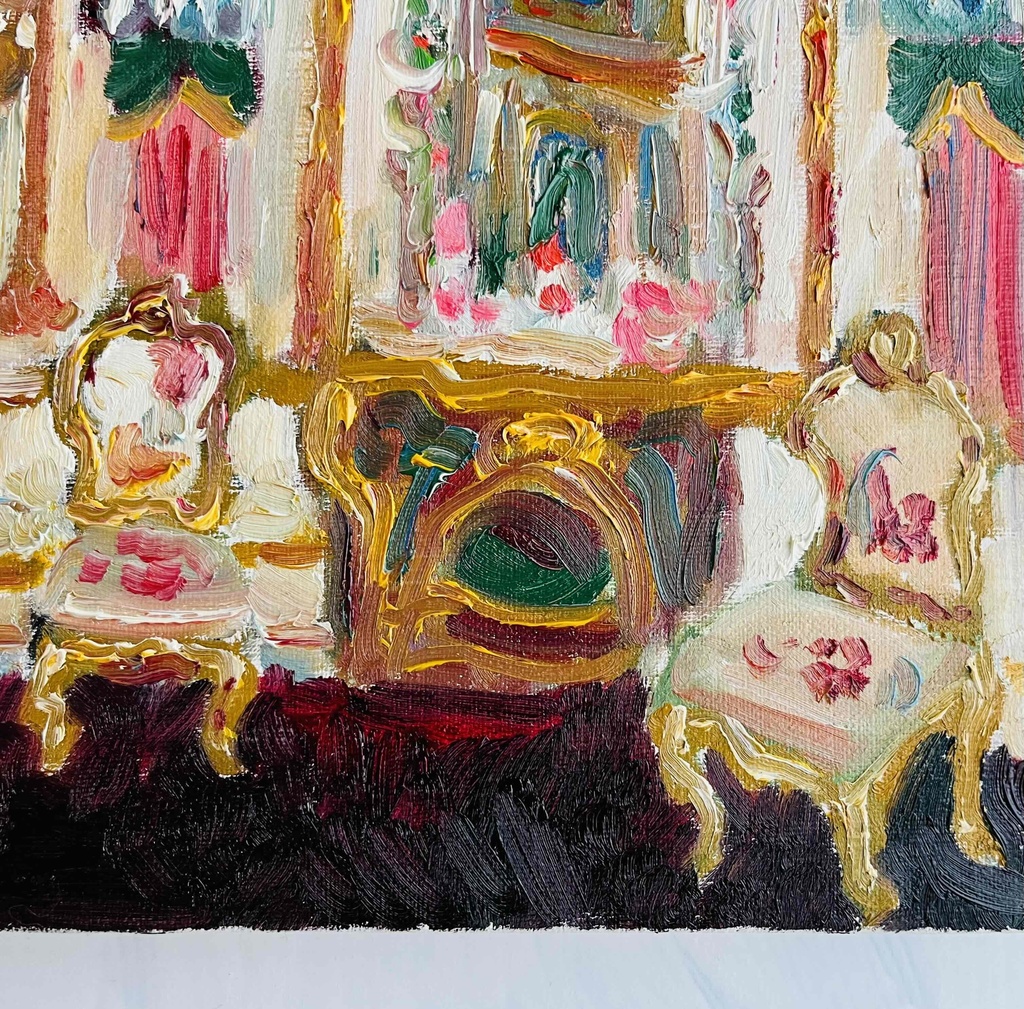 22×27㎝「陶器の装飾が施された鏡台のある部屋」F3・油彩画・原画