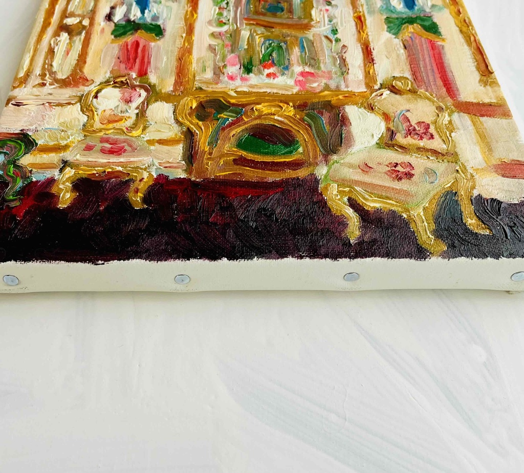 22×27㎝「陶器の装飾が施された鏡台のある部屋」F3・油彩画・原画