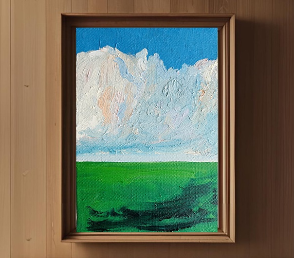 16×23㎝「壮大な雲と草原」サムホール・油彩・原画 フレーム無し