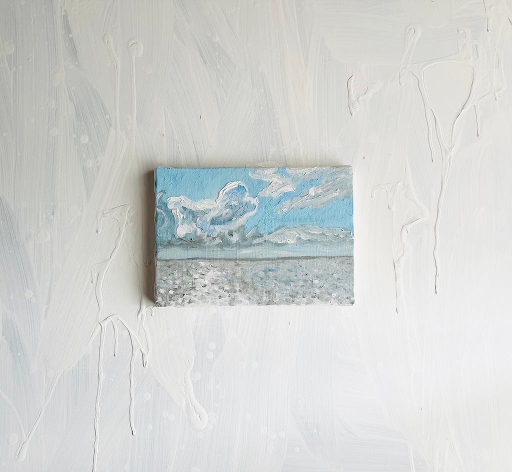 原画・油彩「野生の雲とキラメク海」絵画・サムホール(16×23㎝)アート・キャンバス