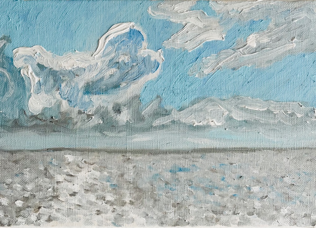 原画・油彩「野生の雲とキラメク海」絵画・サムホール(16×23㎝)アート・キャンバス