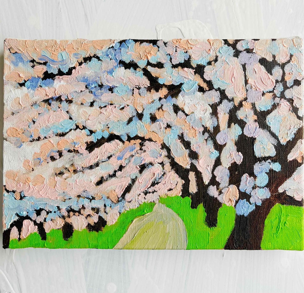 16×23㎝「朝の桜　2025.１-2」油彩・原画・サムホールサイズ