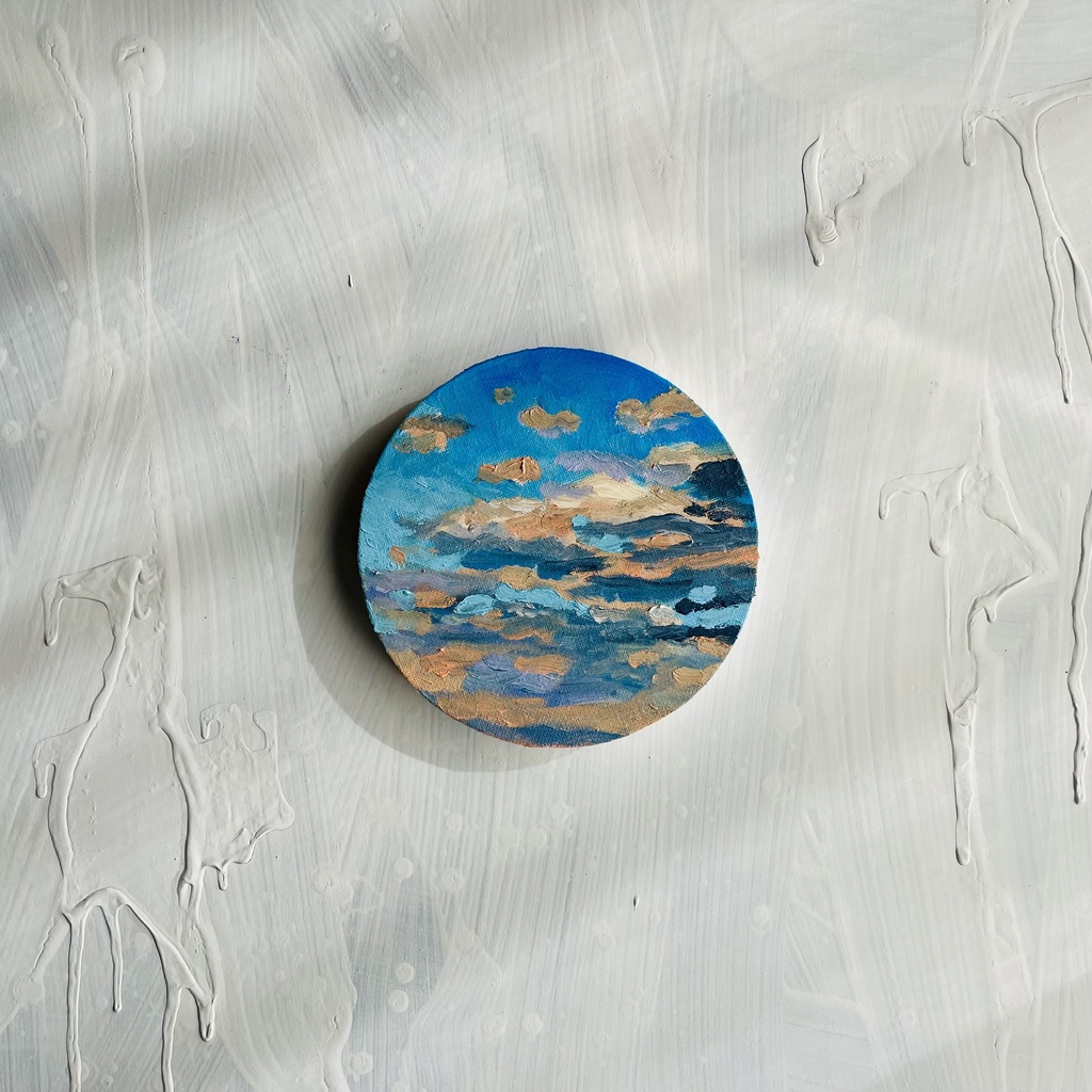 直径15㎝「夕空 20251」油彩・絵画・原画・丸形・アートパネル