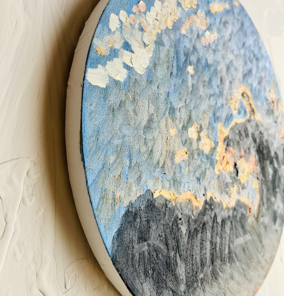 直径30㎝「朝の空 20252」油彩・絵画・原画・丸形・アートパネル