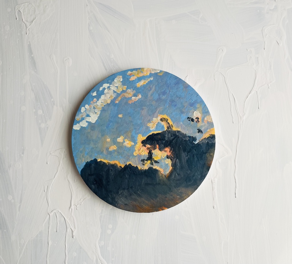 直径30㎝「朝の空 20252」油彩・絵画・原画・丸形・アートパネル
