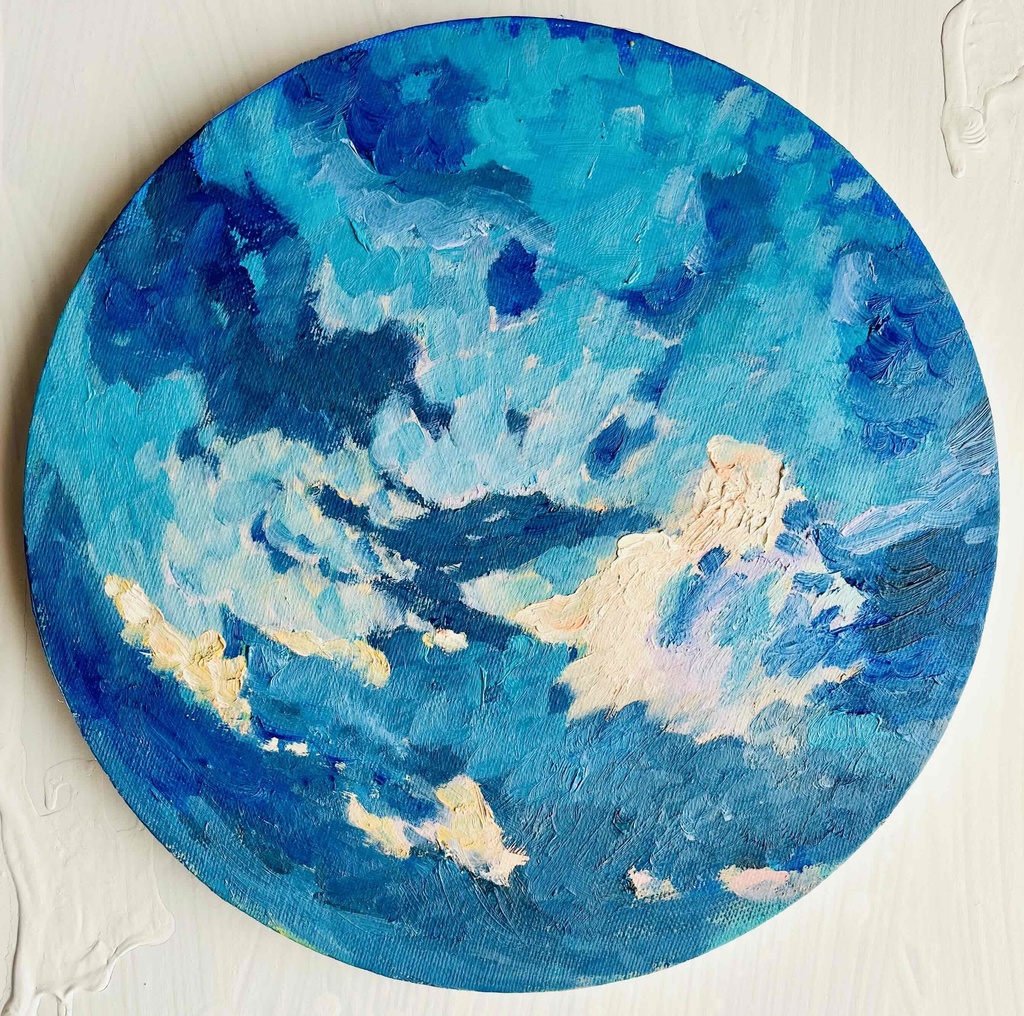 直径25㎝「朝の空 2025-2」油彩・絵画・原画・丸形・アートパネル