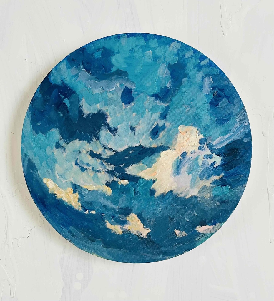 直径25㎝「朝の空 2025-2」油彩・絵画・原画・丸形・アートパネル