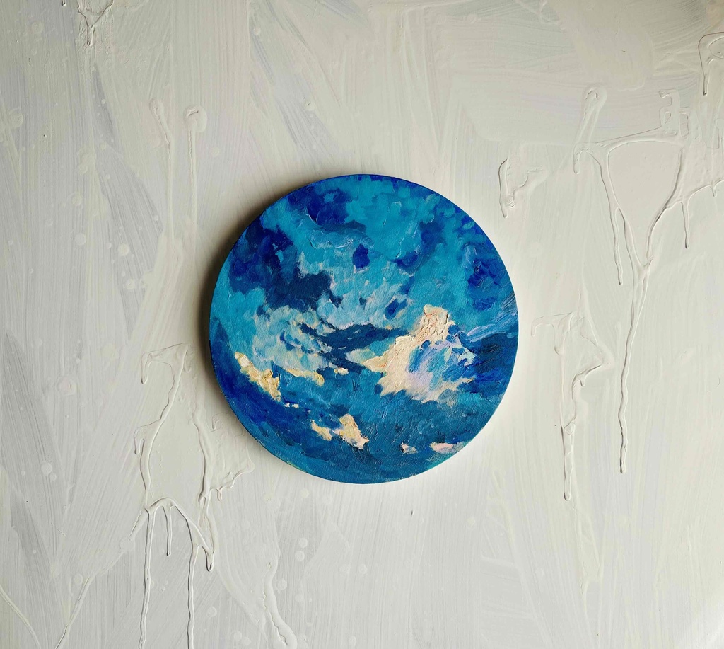 直径25㎝「朝の空 2025-2」油彩・絵画・原画・丸形・アートパネル