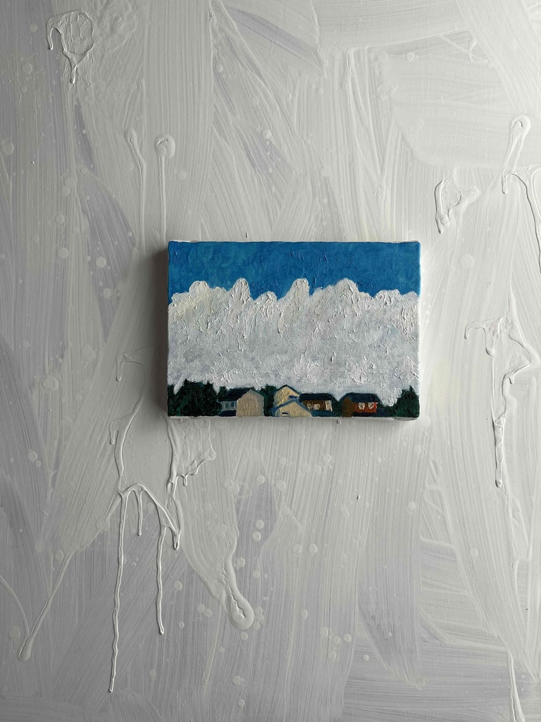 16×23㎝「民家と巨大雲の在る風景 20253-1」油彩・原画・サムホールサイズ