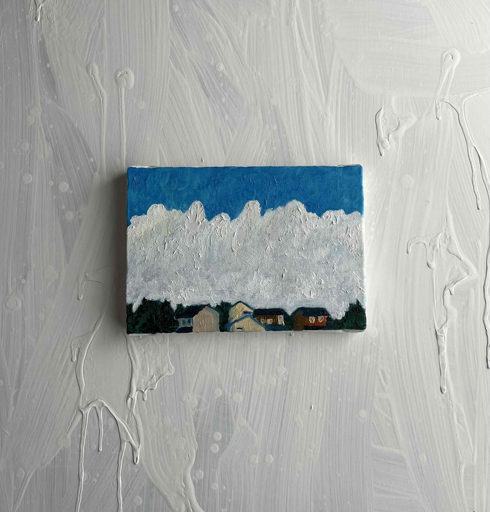 16×23㎝「民家と巨大雲の在る風景 20253-1」油彩・原画・サムホールサイズ