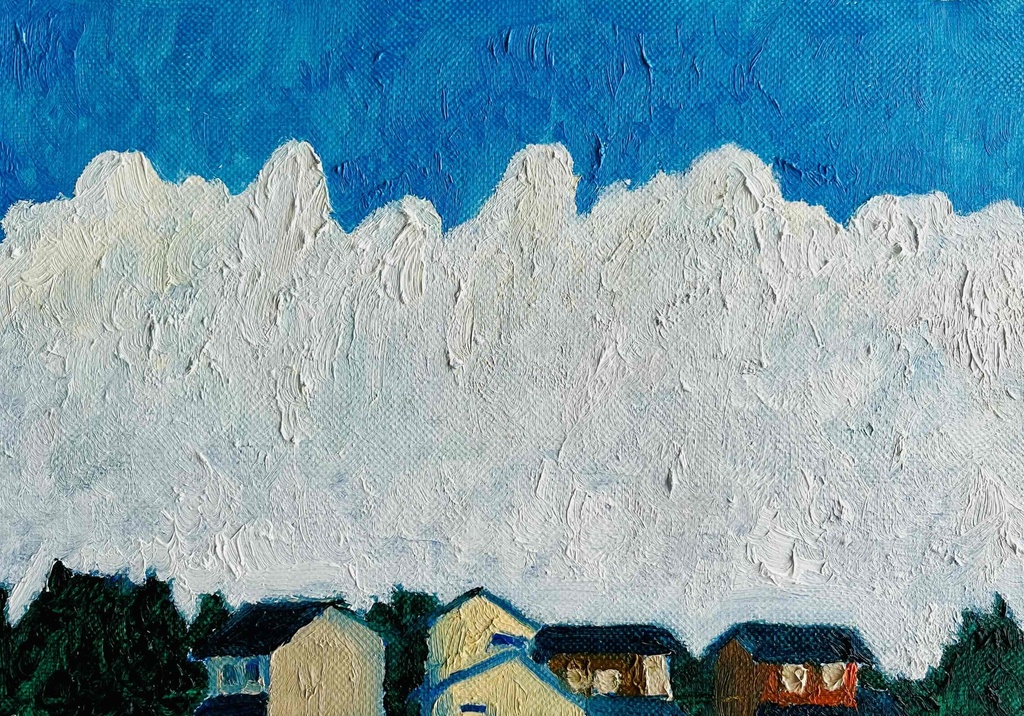 16×23㎝「民家と巨大雲の在る風景 20253-1」油彩・原画・サムホールサイズ