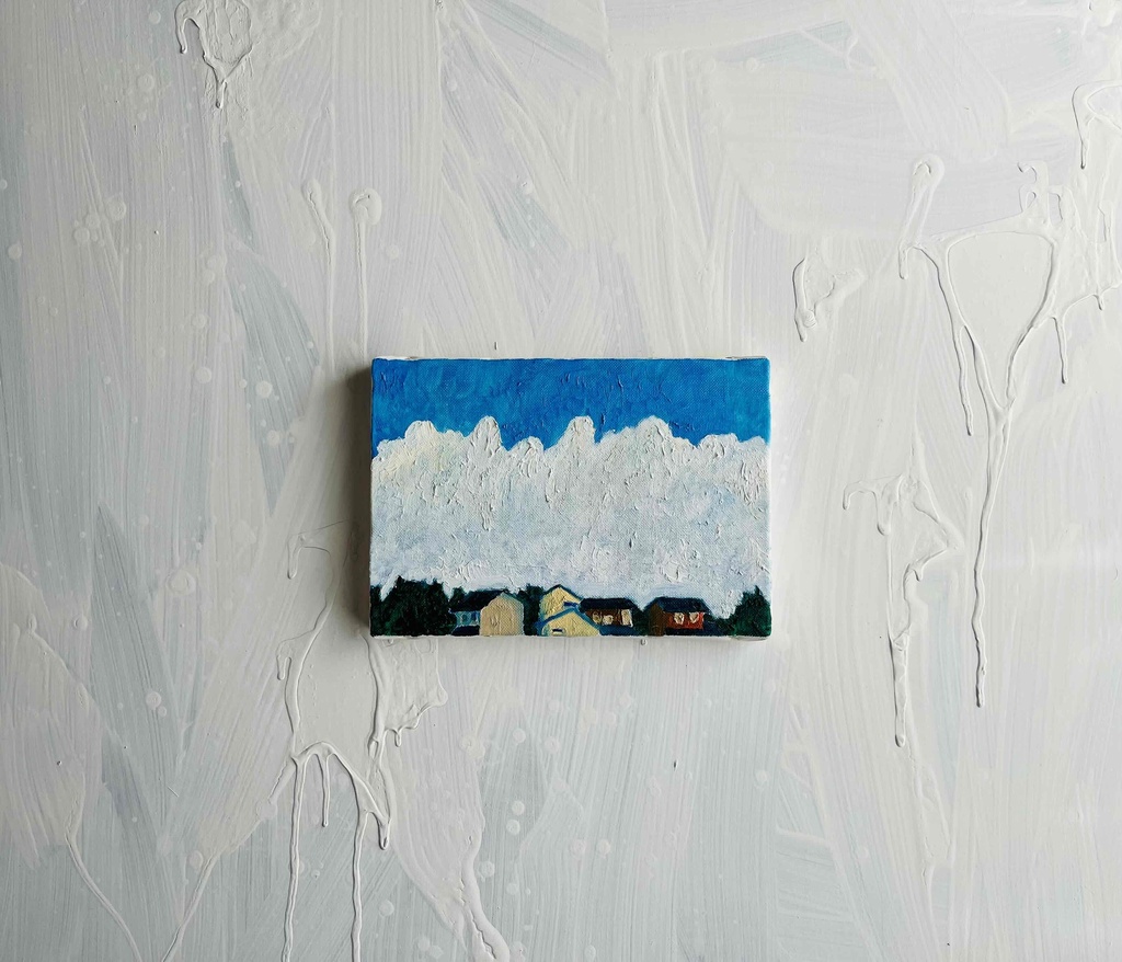 16×23㎝「民家と巨大雲の在る風景 20253-1」油彩・原画・サムホールサイズ