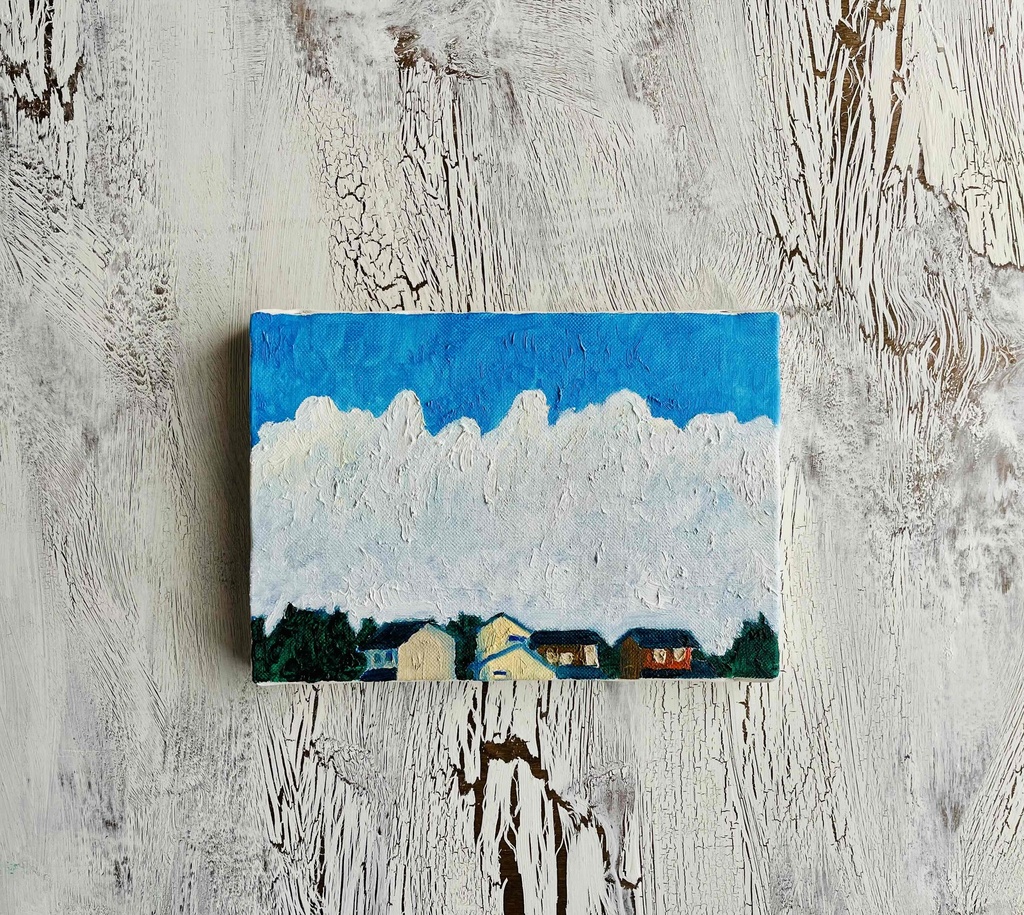 16×23㎝「民家と巨大雲の在る風景 20253-1」油彩・原画・サムホールサイズ