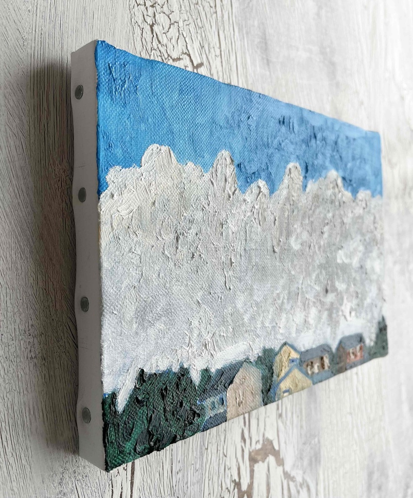 16×23㎝「民家と巨大雲の在る風景 20253-1」油彩・原画・サムホールサイズ