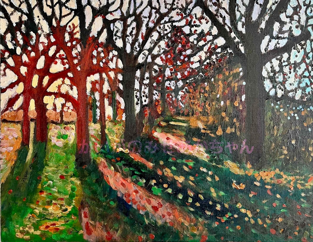 32×41㎝「秋の夕暮れの公園」原画・油彩画・F6