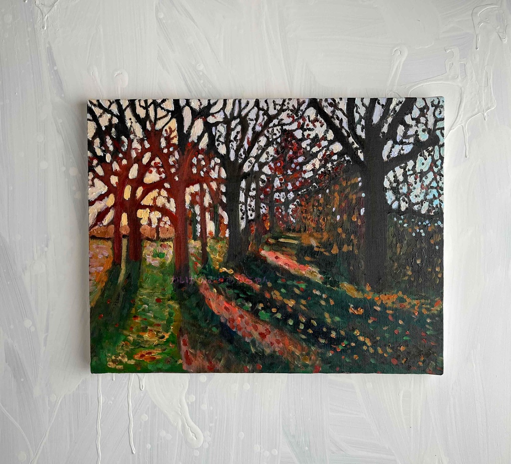 32×41㎝「秋の夕暮れの公園」原画・油彩画・F6