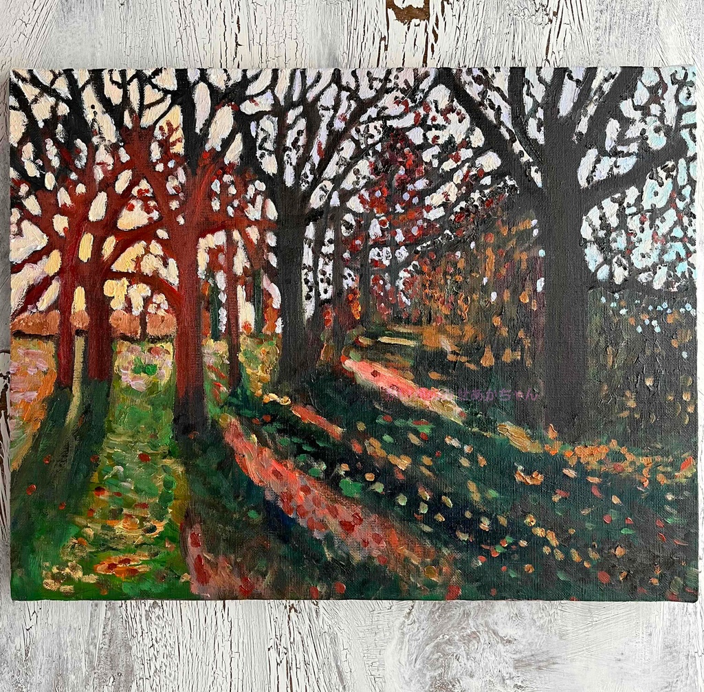 32×41㎝「秋の夕暮れの公園」原画・油彩画・F6