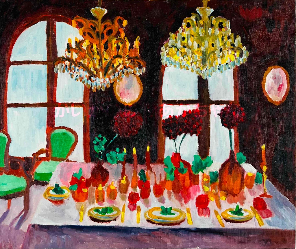 38×46㎝「西洋式テーブルA」F8・原画・油彩