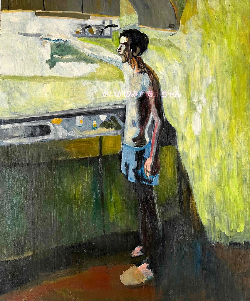 61×73㎝「台所に立つ男」F20・原画・油彩画 フレーム無し