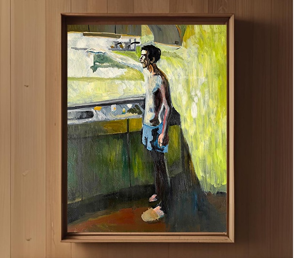 61×73㎝「台所に立つ男」F20・原画・油彩画 フレーム無し