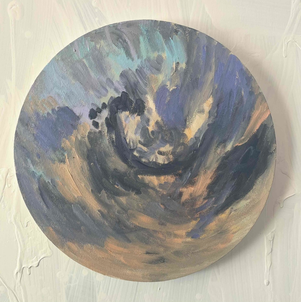 直径30㎝「画家の家の上空1」油彩・絵画・原画・丸形・アートパネル