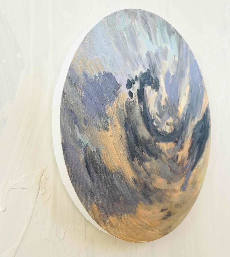 直径30㎝「画家の家の上空1」油彩・絵画・原画・丸形・アートパネル