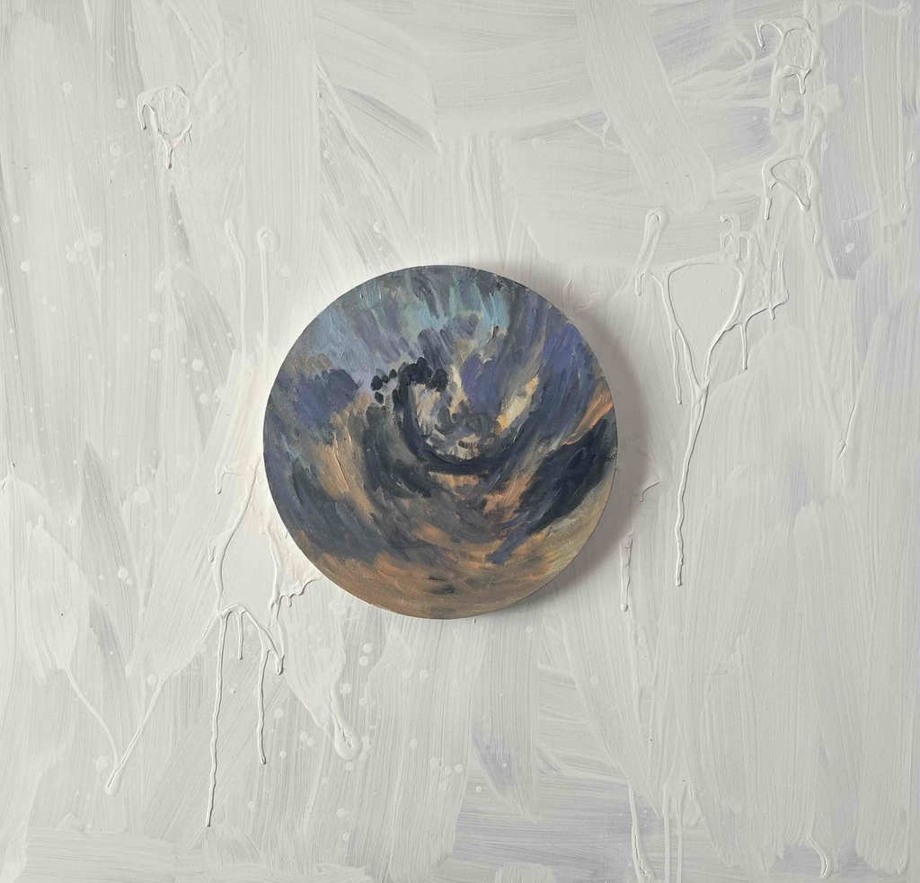 直径30㎝「画家の家の上空1」油彩・絵画・原画・丸形・アートパネル