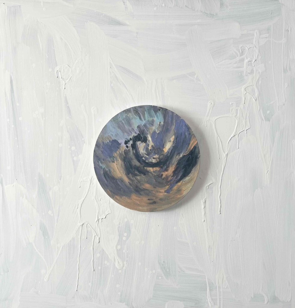 直径30㎝「画家の家の上空1」油彩・絵画・原画・丸形・アートパネル