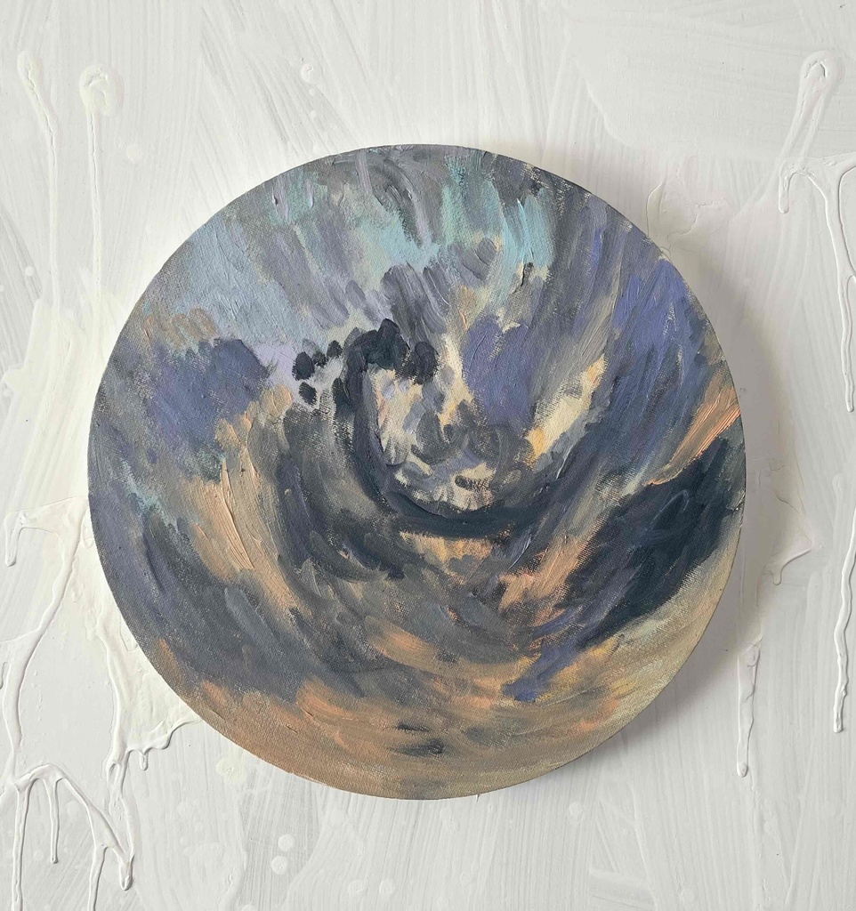 直径30㎝「画家の家の上空1」油彩・絵画・原画・丸形・アートパネル