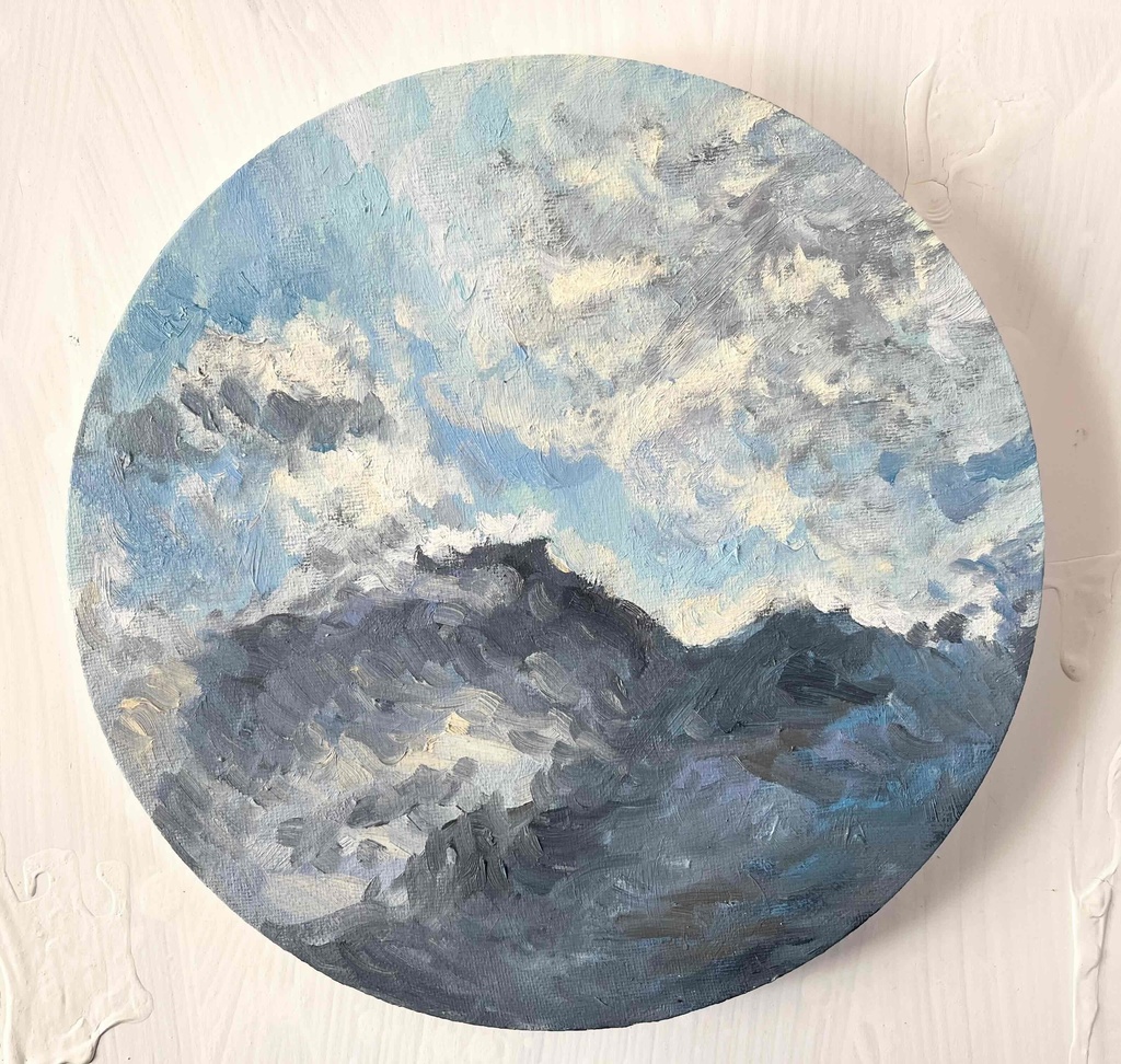 直径25㎝「画家の家の上空２」油彩・絵画・原画・丸形・アートパネル