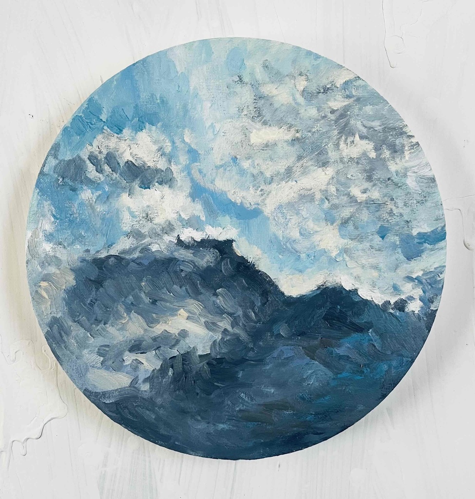 直径25㎝「画家の家の上空２」油彩・絵画・原画・丸形・アートパネル