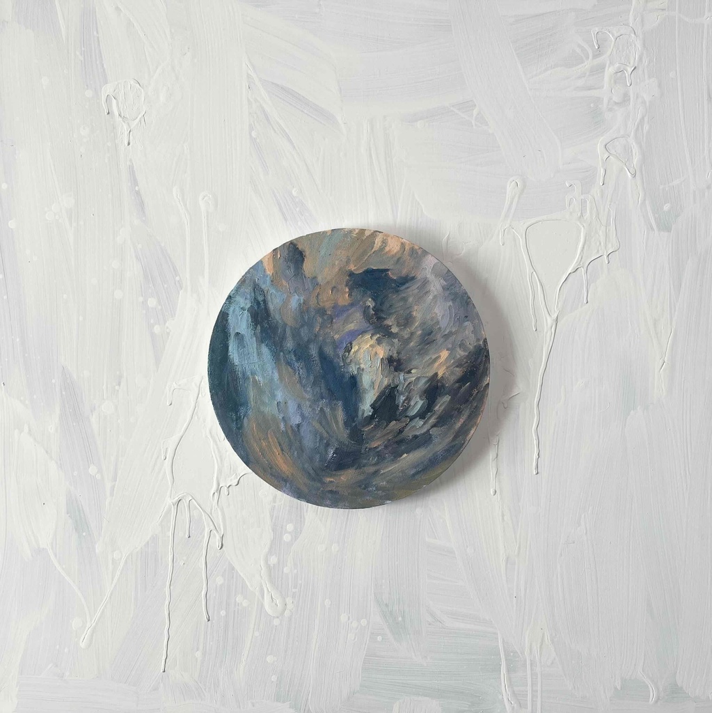 直径30㎝「画家の家の上空3」油彩・絵画・原画・丸形・アートパネル