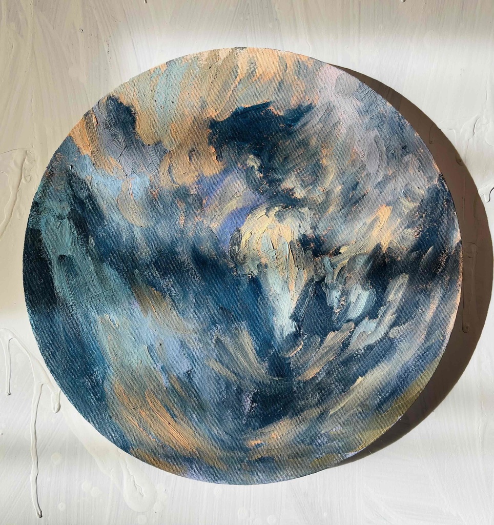 直径30㎝「画家の家の上空3」油彩・絵画・原画・丸形・アートパネル