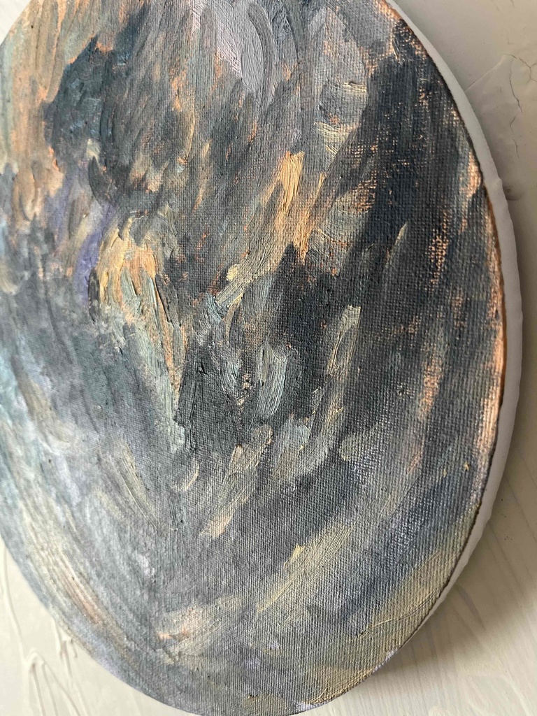 直径30㎝「画家の家の上空3」油彩・絵画・原画・丸形・アートパネル