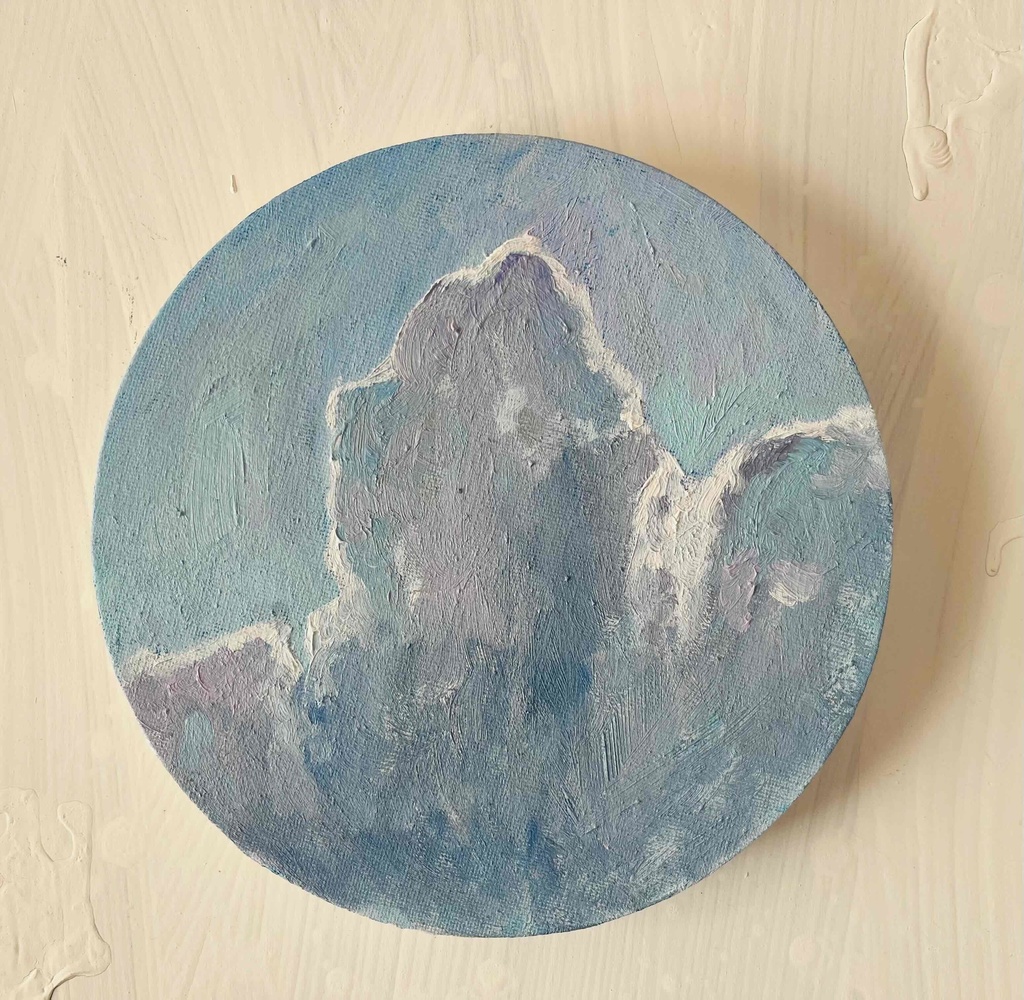 直径20㎝「画家の家の上空4」油彩・絵画・原画・丸形・アートパネル