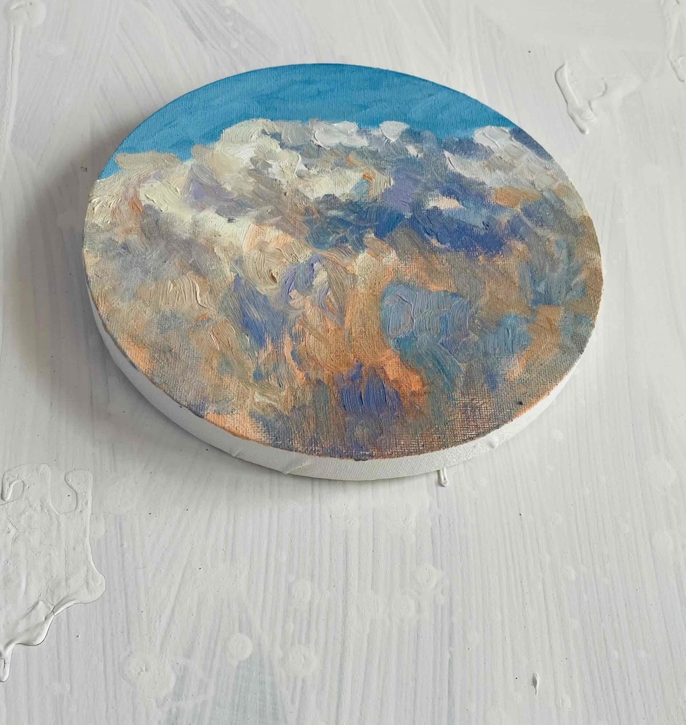 直径20㎝「空の様子1雲」油彩・絵画・原画・丸形・アートパネル