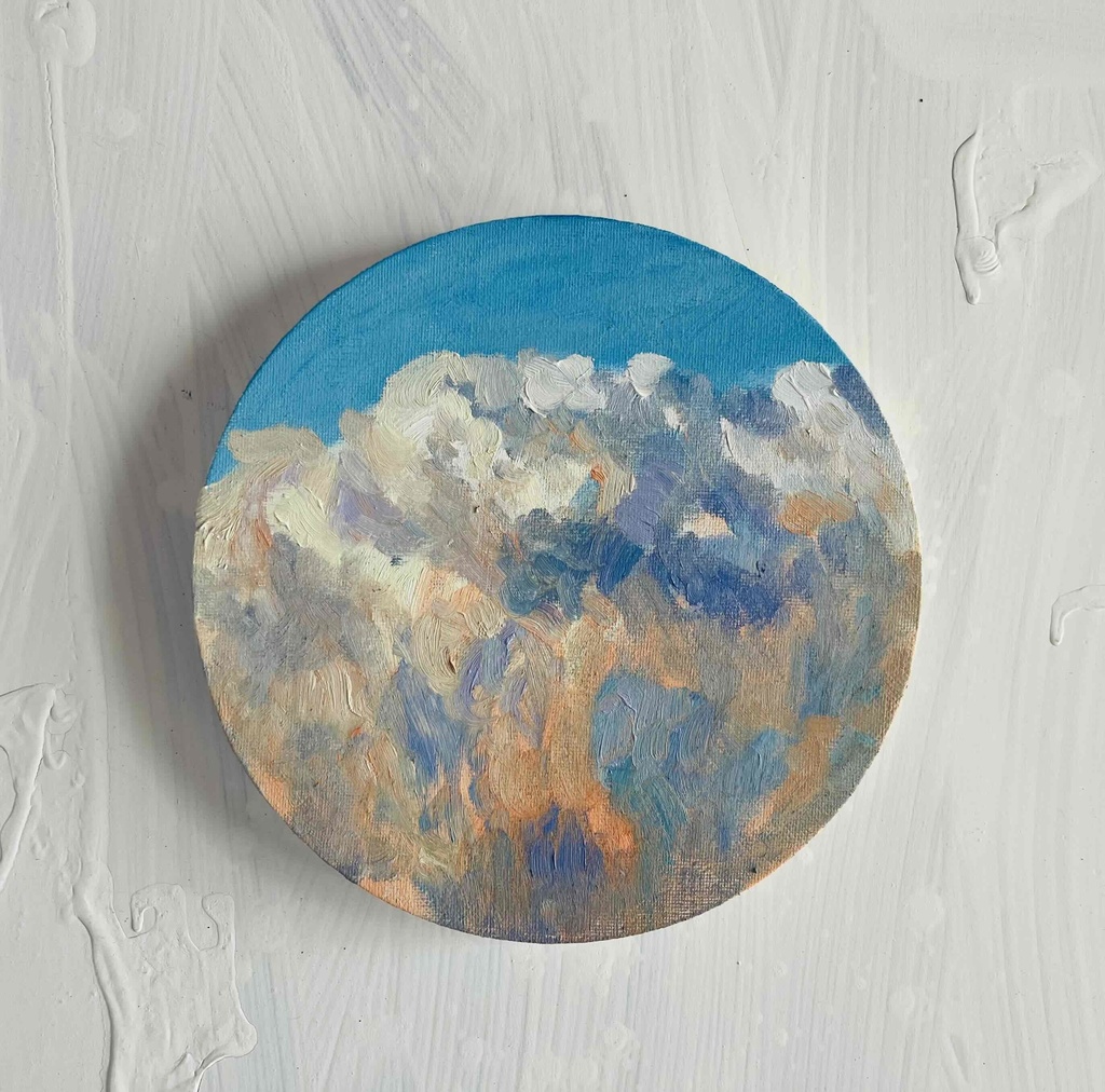 直径20㎝「空の様子１雲」油彩・絵画・原画・丸形・アートパネル