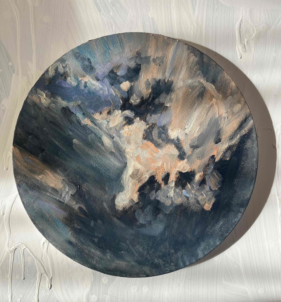 絵画「Khaos」家の上空 油彩・原画・直径30㎝ 丸形・アートパネル