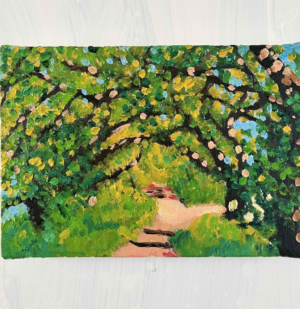 油彩画　原画「近所の風景　堤防」16×23㎝・サムホールサイズ 風景画