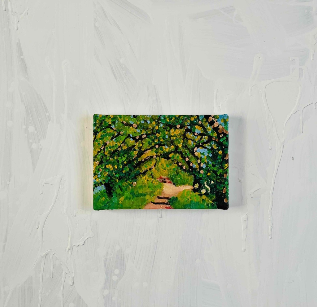 油彩画 原画「近所の風景 堤防」16×23㎝・サムホールサイズ 風景画