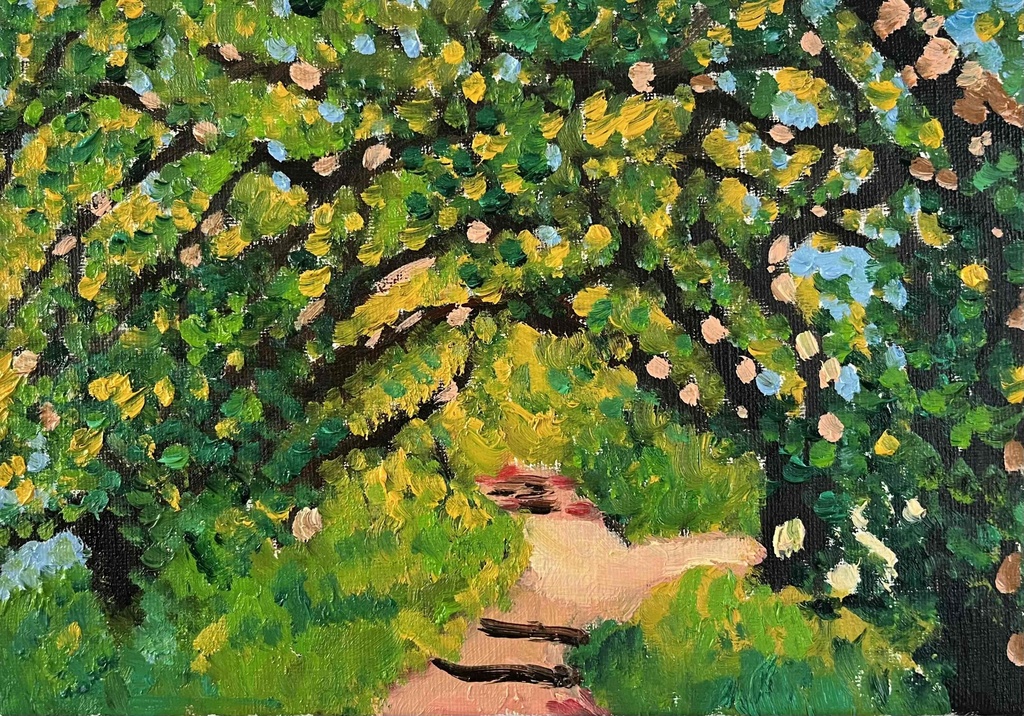 油彩画 原画「近所の風景 堤防」16×23㎝・サムホールサイズ 風景画